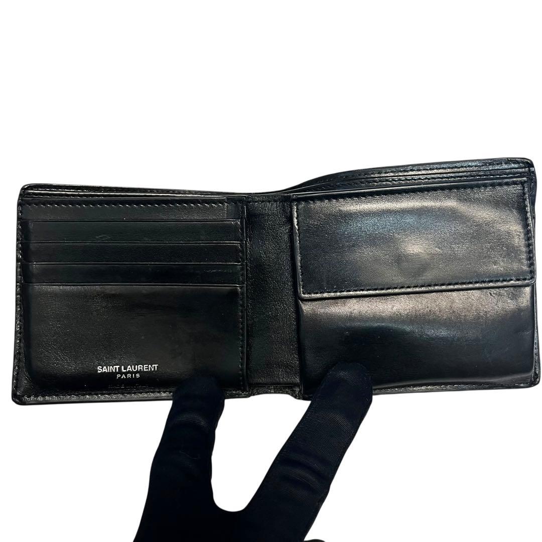 希少✨サンローラン ２つ折り財布 YSL カサンドラ レザー ブラック ロゴ