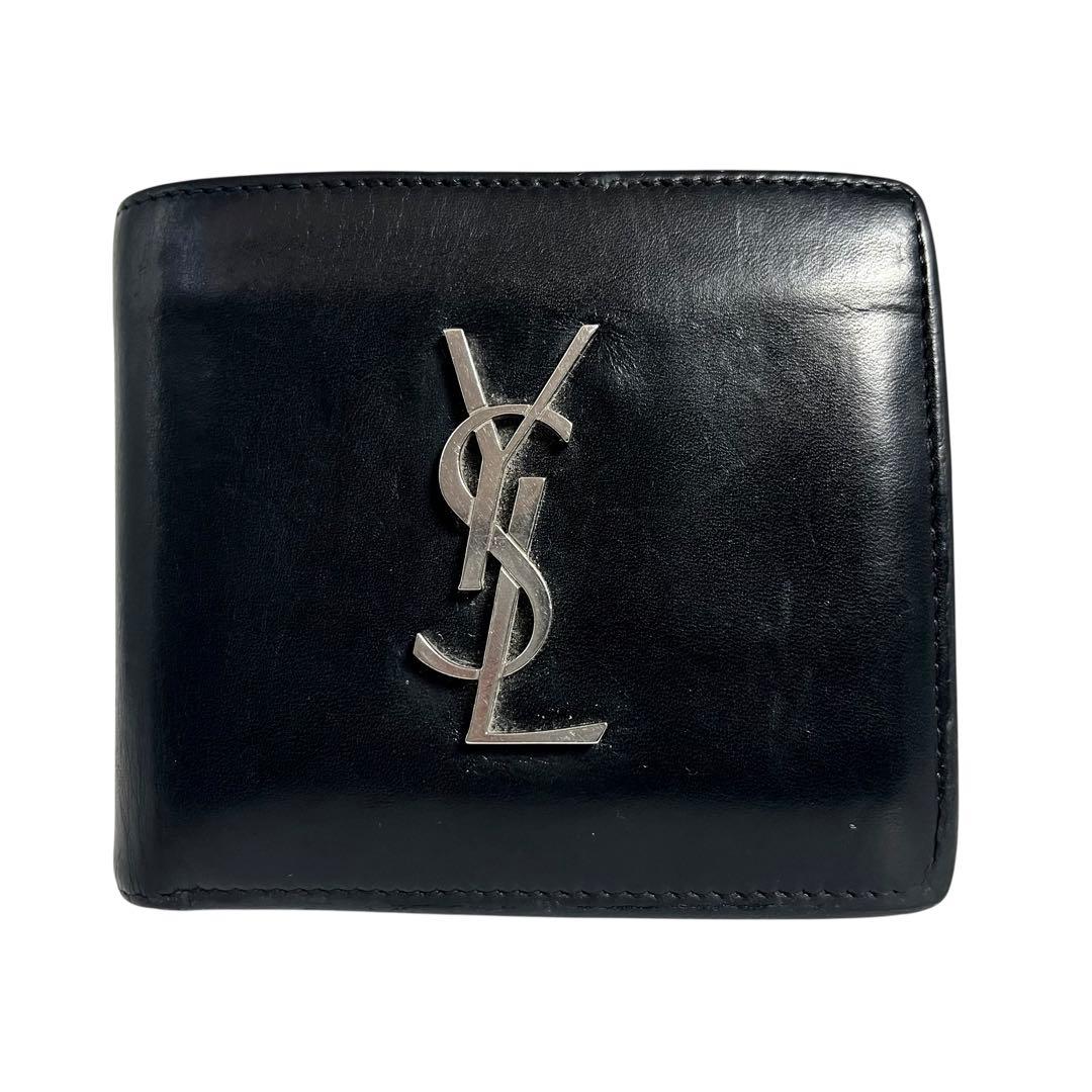 希少✨サンローラン ２つ折り財布 YSL カサンドラ レザー ブラック ロゴ