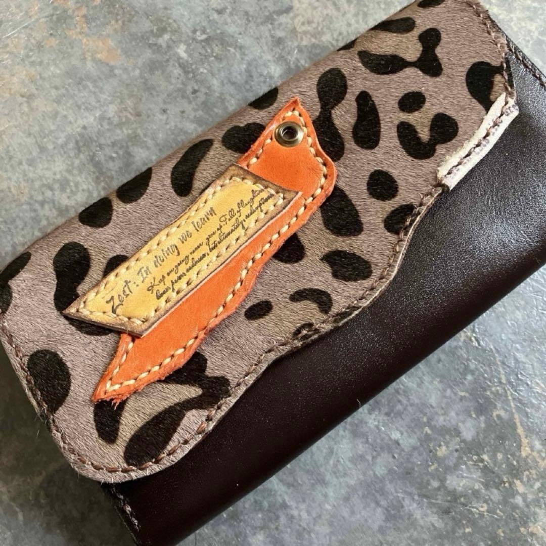 本革☆レオパード柄ハラコ財布　ブラウンヌメ革　ハラコ　長財布