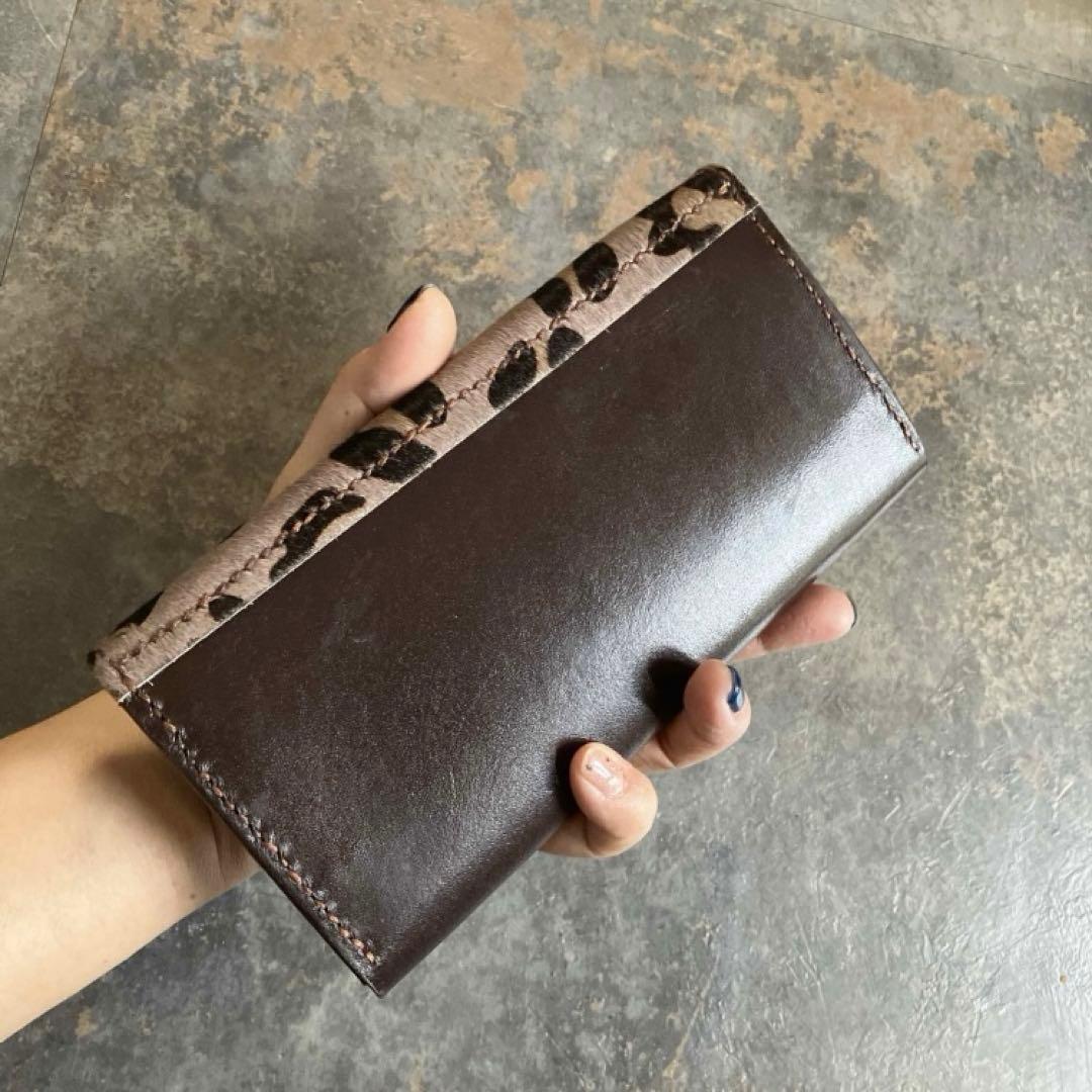 本革☆レオパード柄ハラコ財布　ブラウンヌメ革　ハラコ　長財布