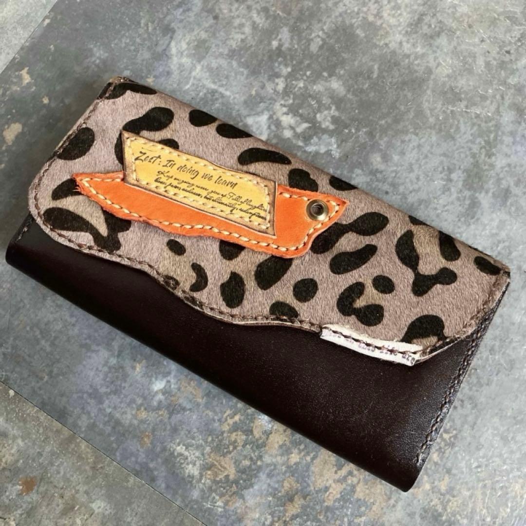 本革☆レオパード柄ハラコ財布　ブラウンヌメ革　ハラコ　長財布