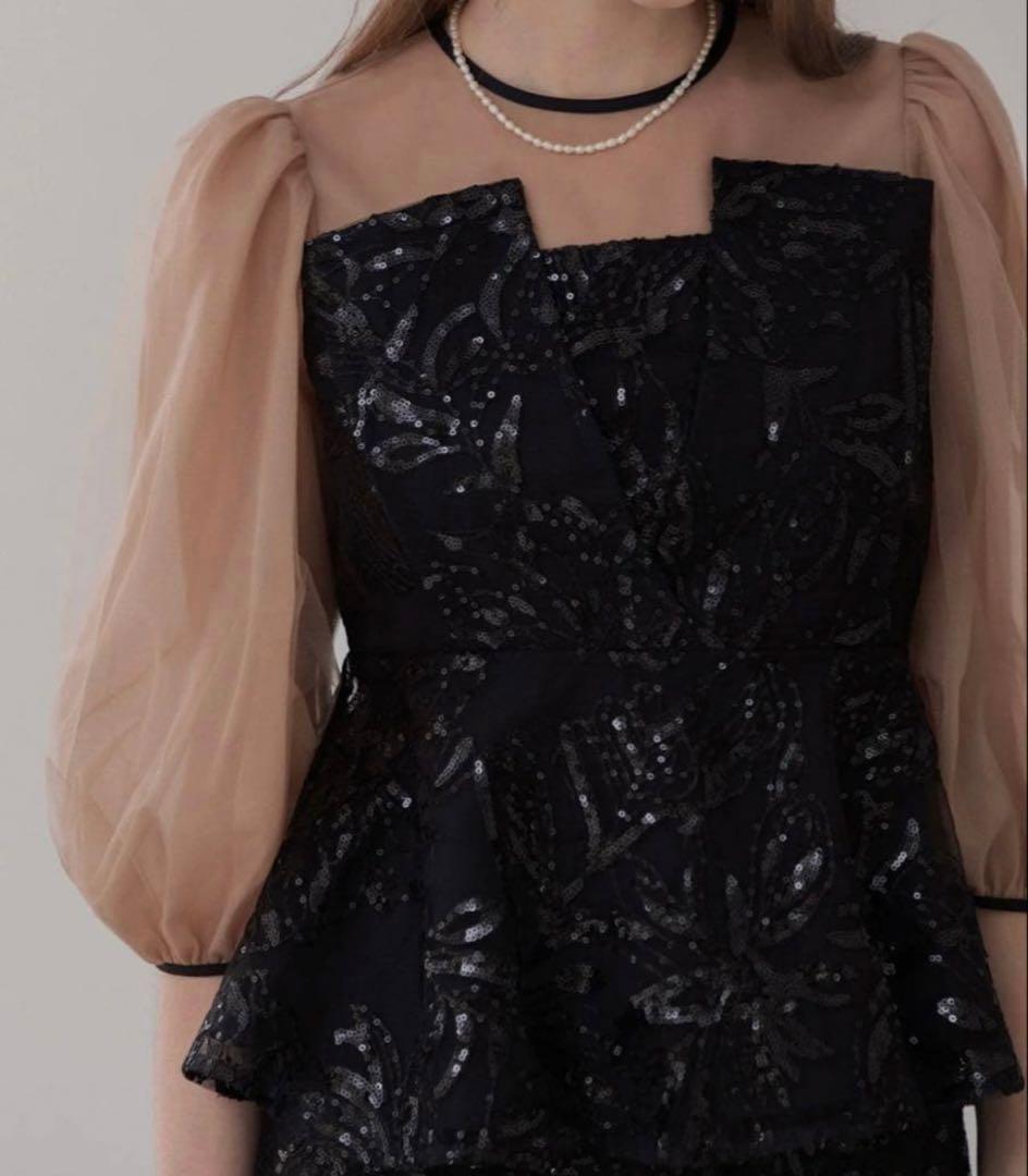 leja シアーパフスリーブぺプラムスパンコール ドレス セットアップ