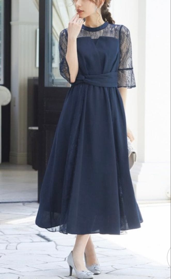 ネイビー レース ワンピース マキシ丈 美品