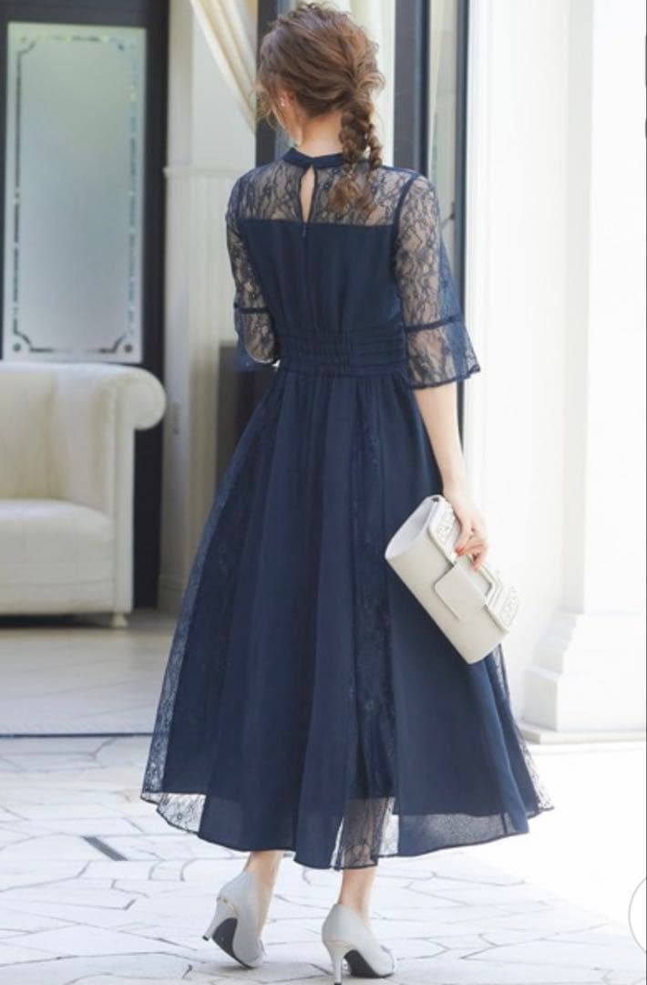 ネイビー レース ワンピース マキシ丈 美品