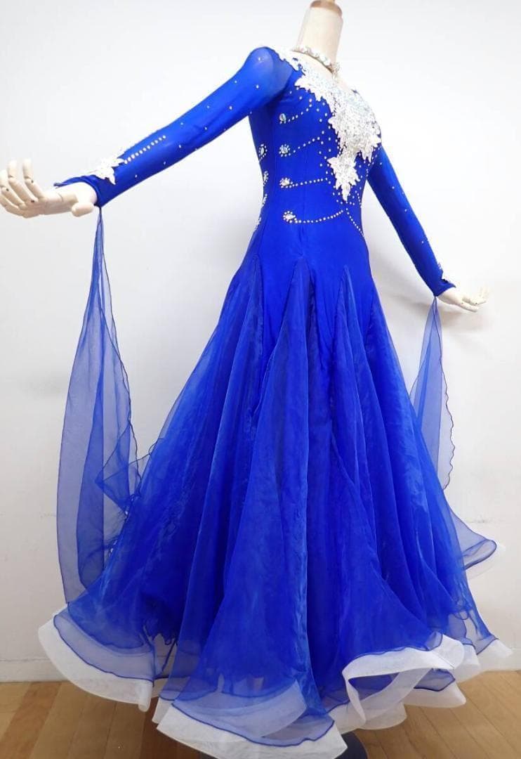 6357★SMサイズ★青×白/花モチーフ/スタンダードドレス☆社交ダンス