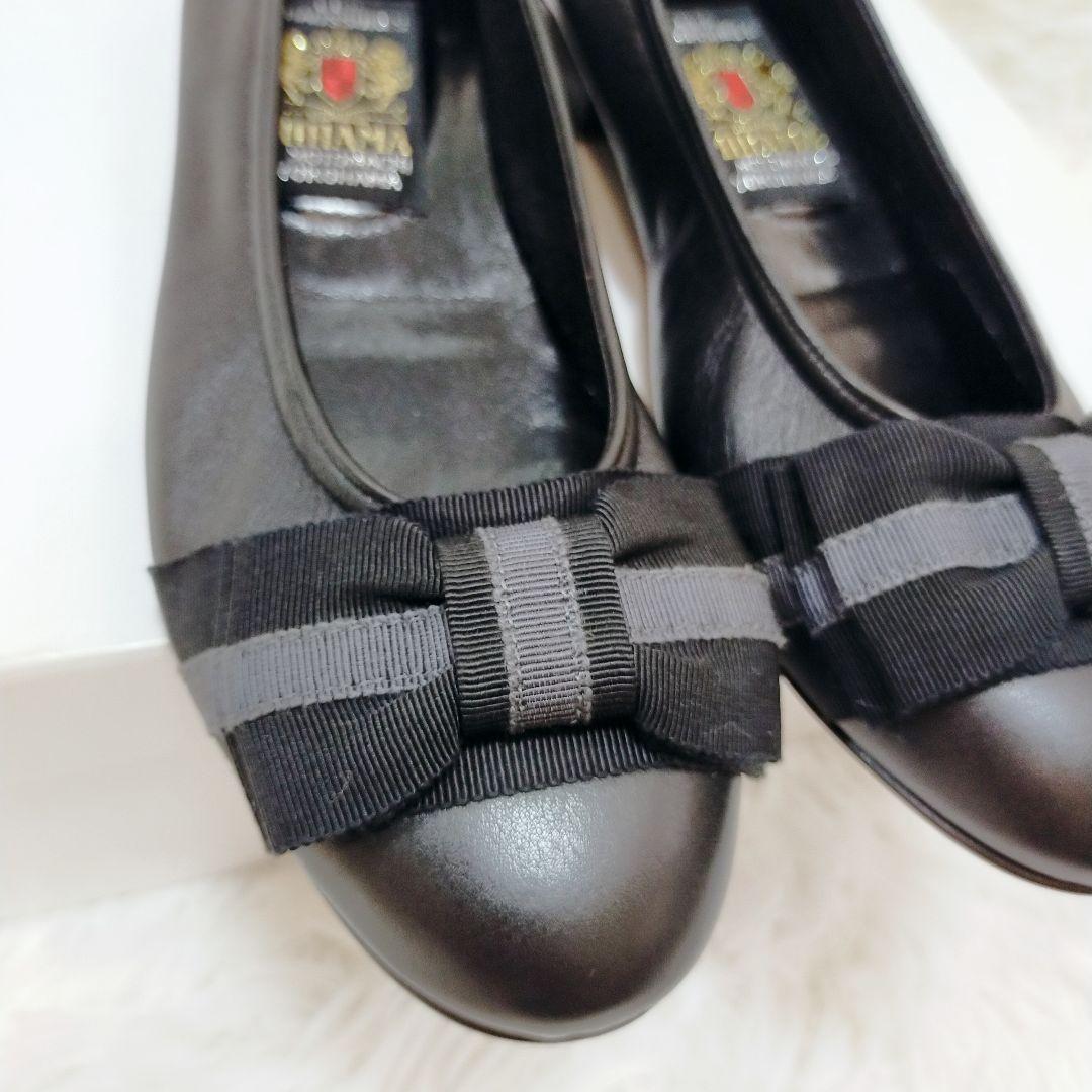現行品☆MIHAMA リボンパンプス レザー ブラック 24cm ラウンドトゥ