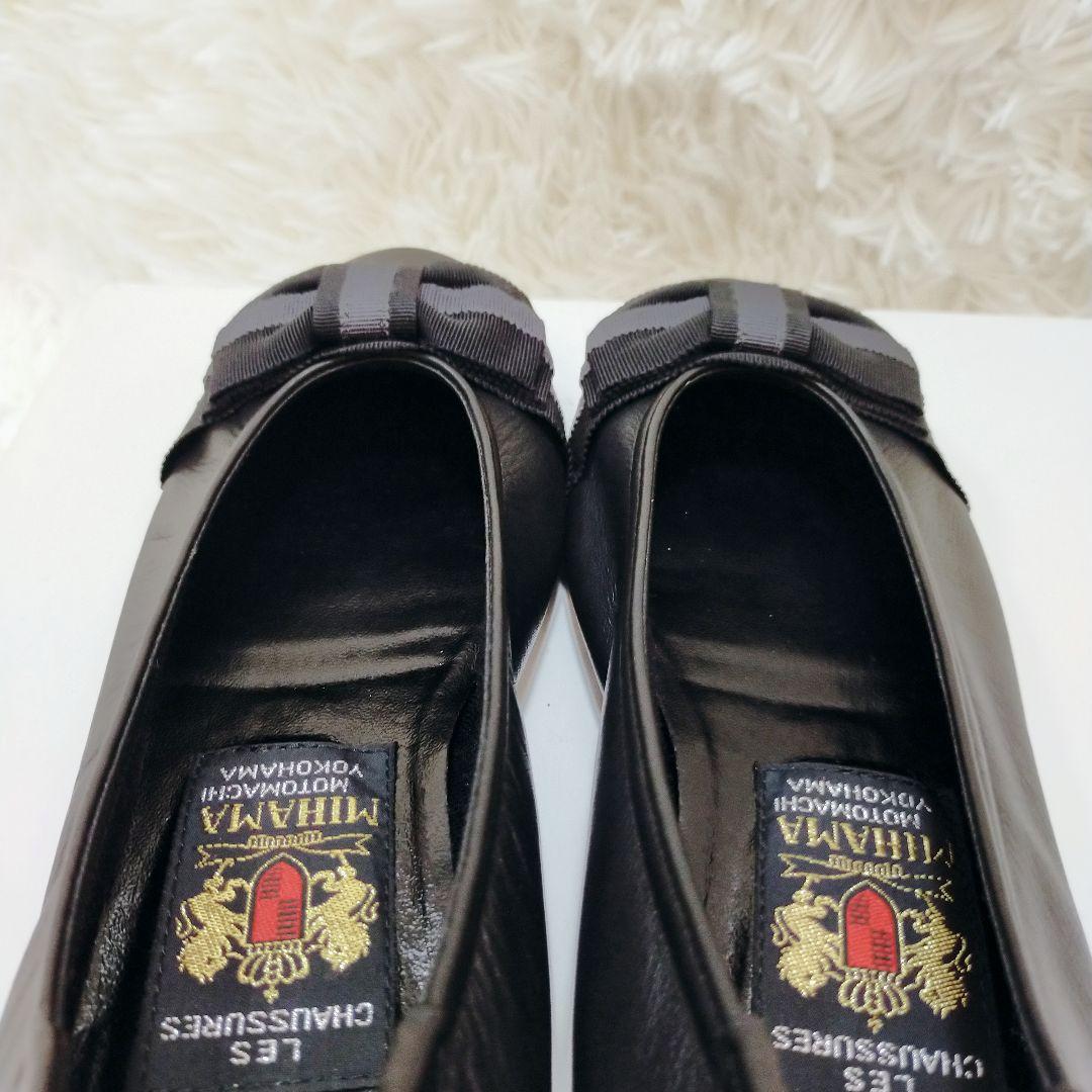 現行品☆MIHAMA リボンパンプス レザー ブラック 24cm ラウンドトゥ