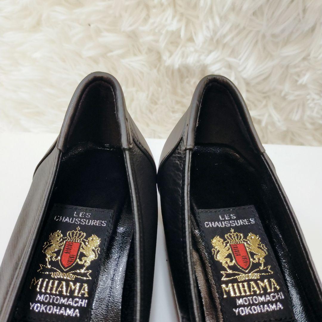 現行品☆MIHAMA リボンパンプス レザー ブラック 24cm ラウンドトゥ