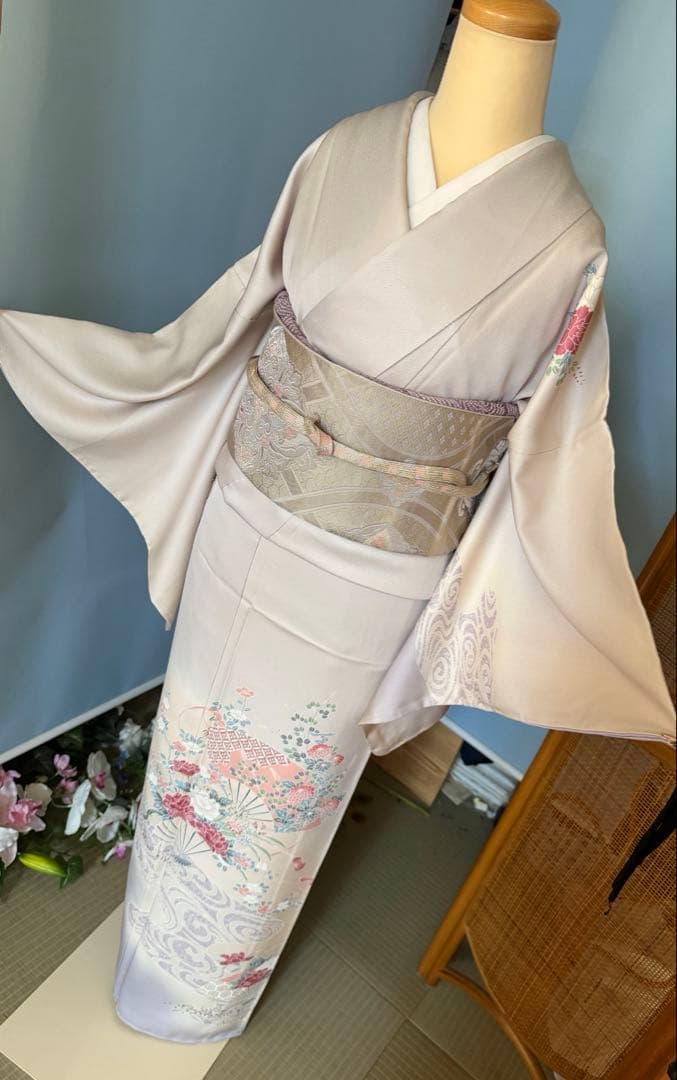 訪問着フルセット、扇面、流水、牡丹と四季の花　グラデーション　しつけ付き未使用品