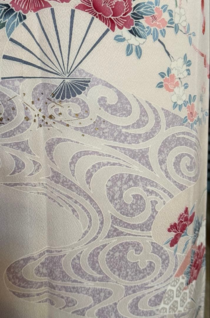 訪問着フルセット、扇面、流水、牡丹と四季の花　グラデーション　しつけ付き未使用品