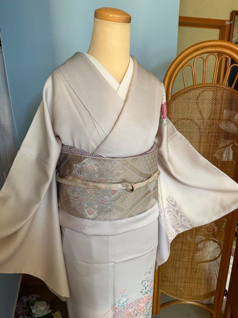 訪問着フルセット、扇面、流水、牡丹と四季の花　グラデーション　しつけ付き未使用品