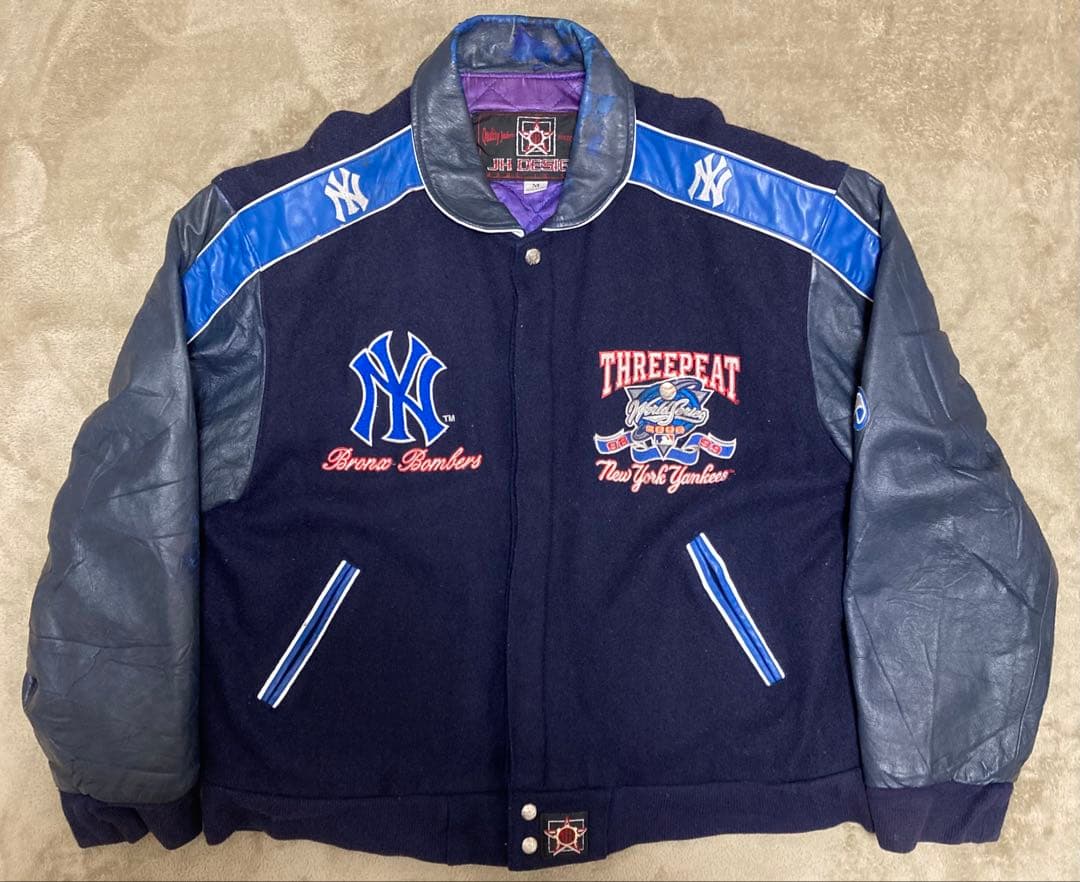 NY ヤンキース スタジャン レザー ウール THREEPEAT 刺繍 MLB