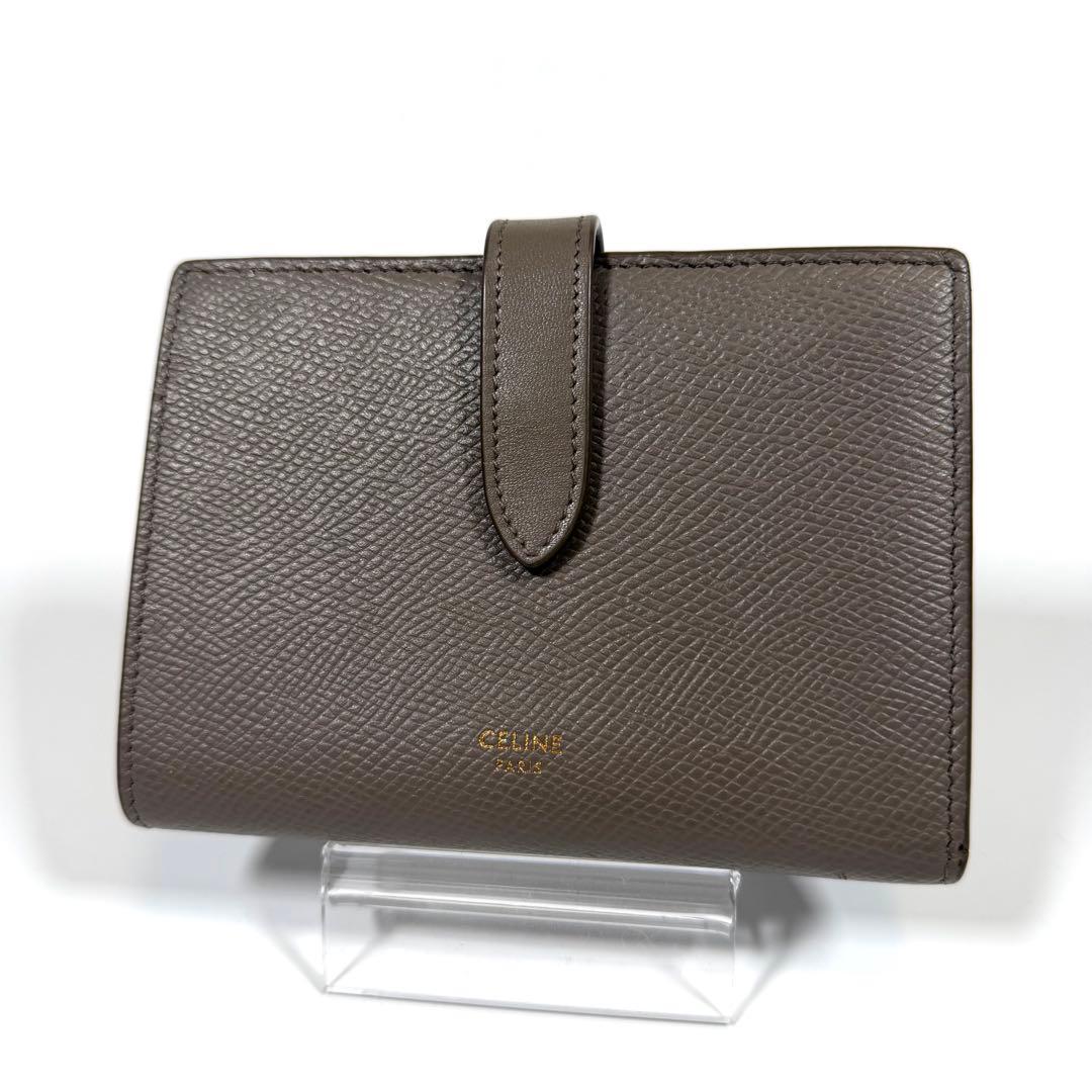 【極美品】セリーヌ　二つ折り財布　ミディアム　ストラップ　ウォレット　グレージュ