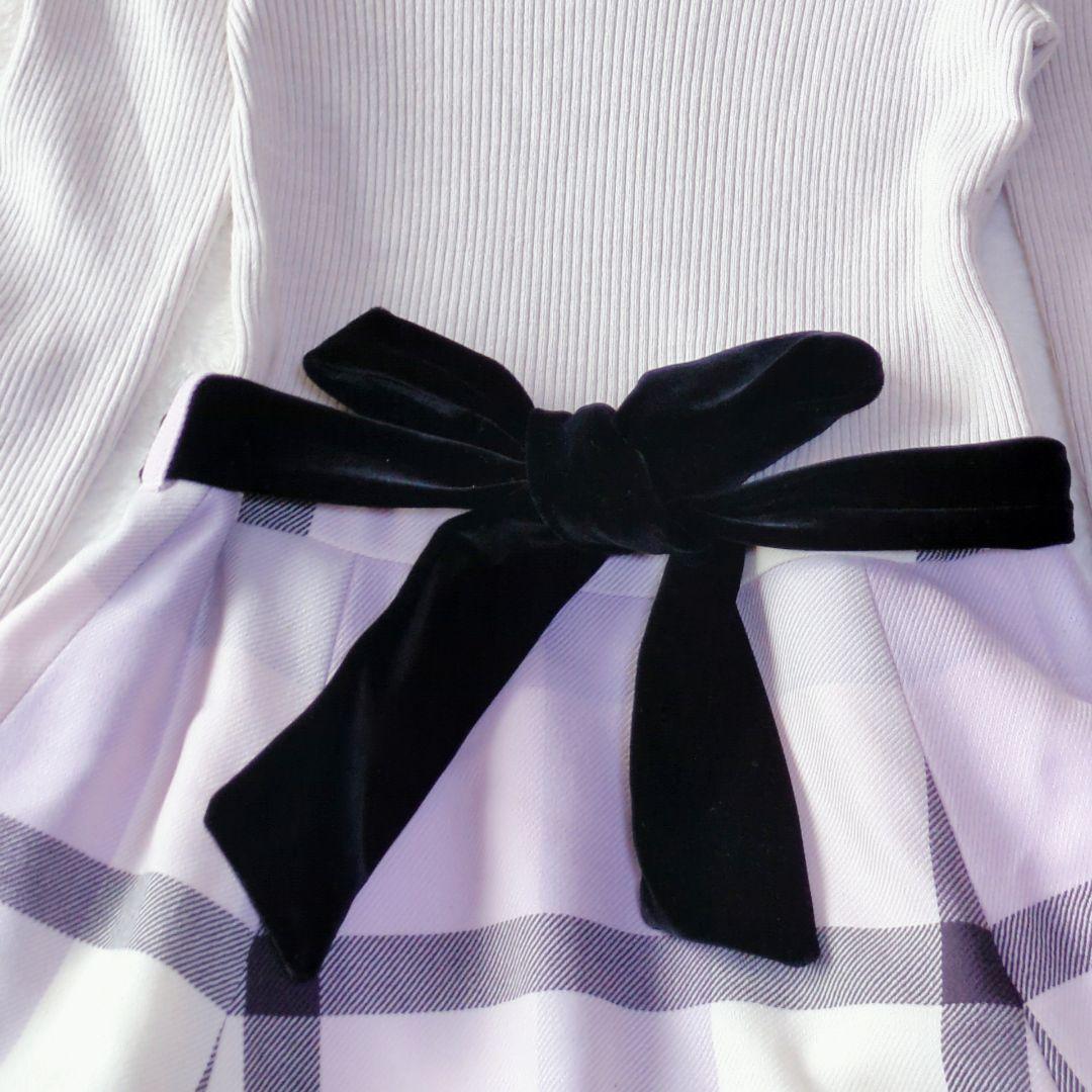 バーバリー切り替えワンピース チェック ニットドッキング ウエストリボン付 36