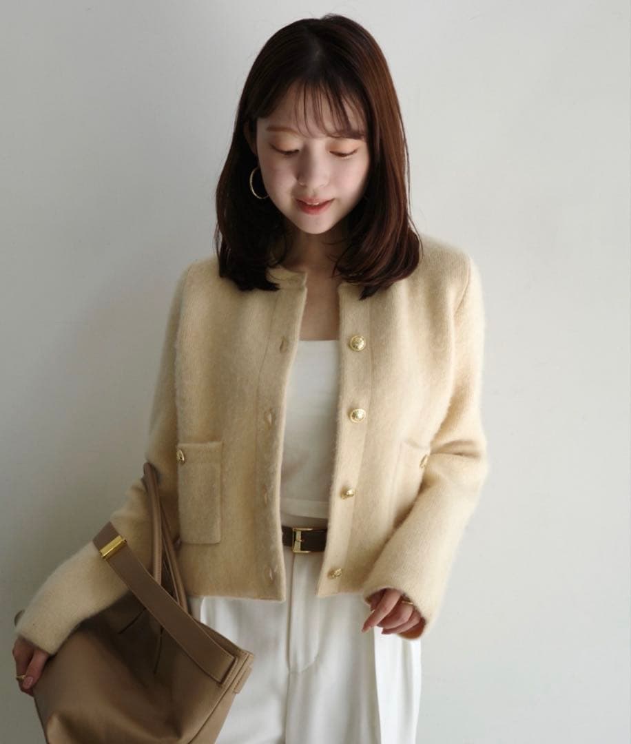 カシミヤブレンドノーカラーニットジャケット ベージュ