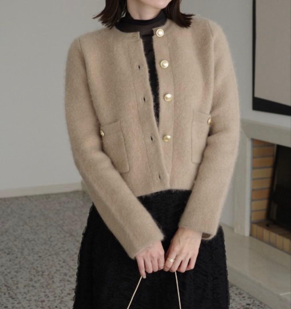 カシミヤブレンドノーカラーニットジャケット ベージュ