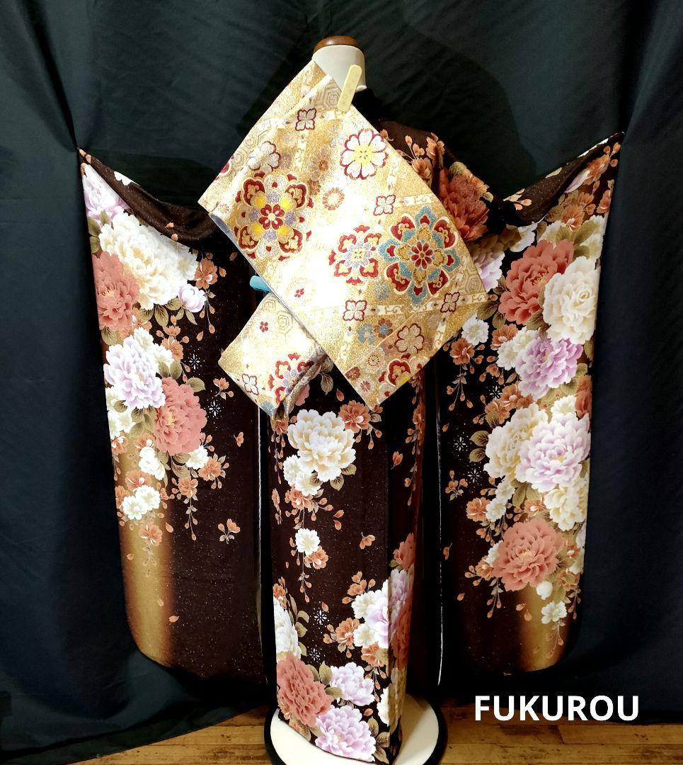【ご購入者様お手続き中】本振袖　ラメ　薔薇　ブラウン系　美品