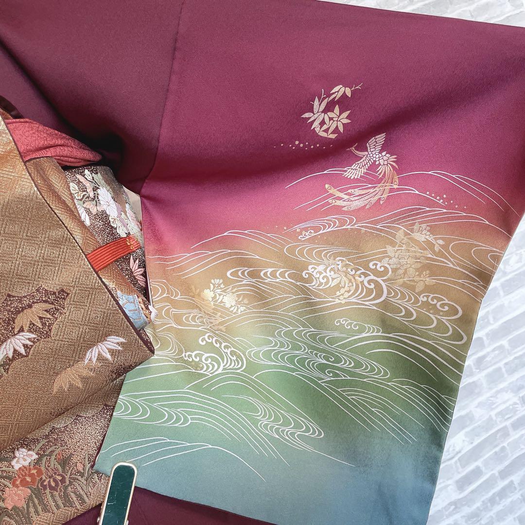 訪問着　フルセット　鳳凰　房亀　荒波　花丸紋　金彩加工　鮮やか　躍動的　Q3