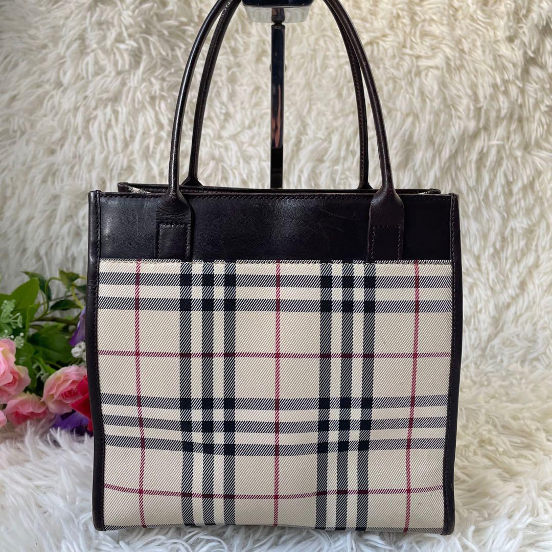 BURBERRYバーバリーノバチェック×ブラウンナイロ×ンレザーミニトートバッグ