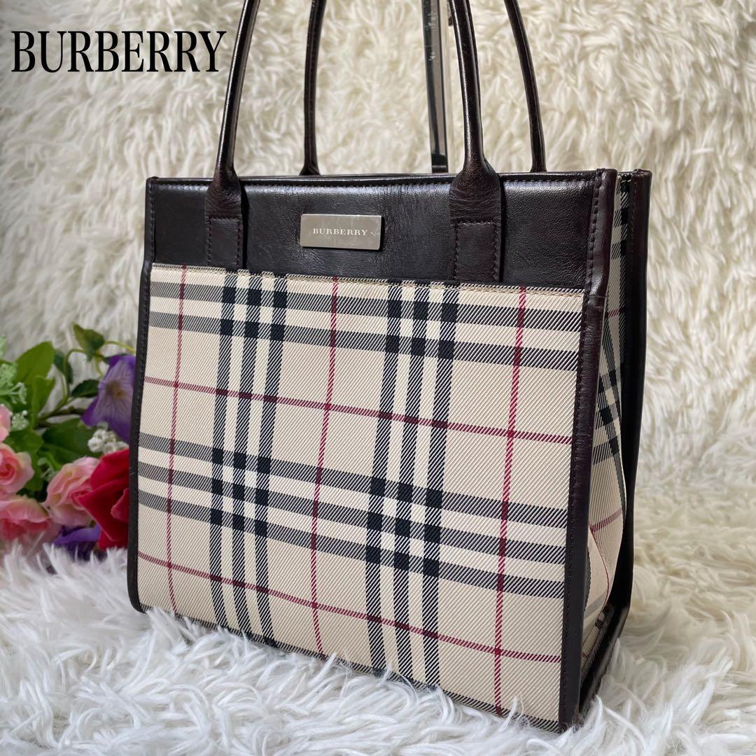 BURBERRYバーバリーノバチェック×ブラウンナイロ×ンレザーミニトートバッグ