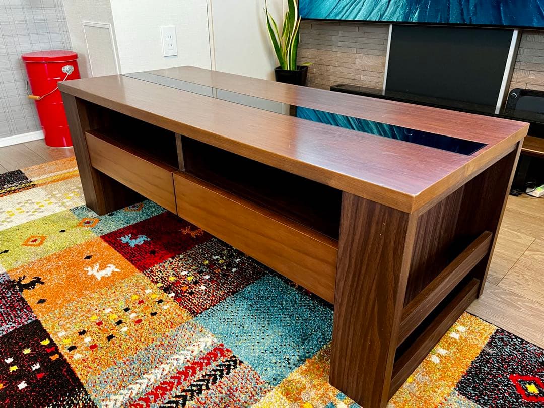 ダークブラウン 木製センターテーブル ガラス天板付き