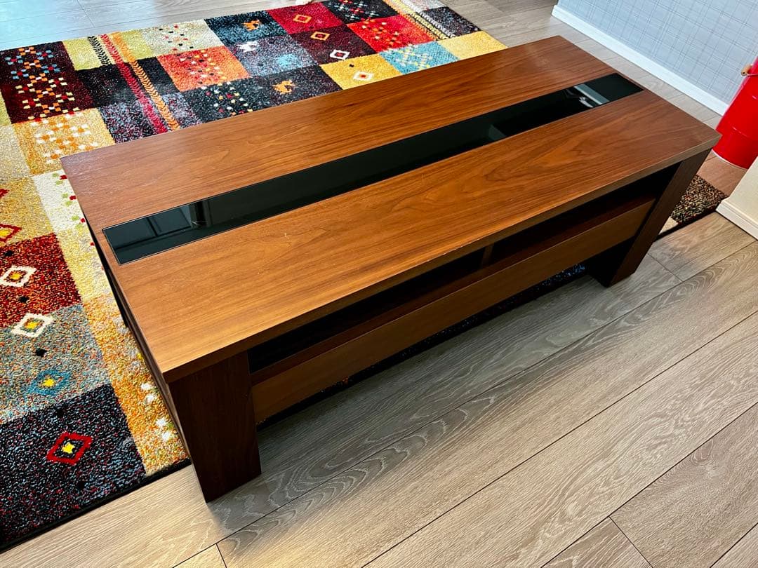 ダークブラウン 木製センターテーブル ガラス天板付き