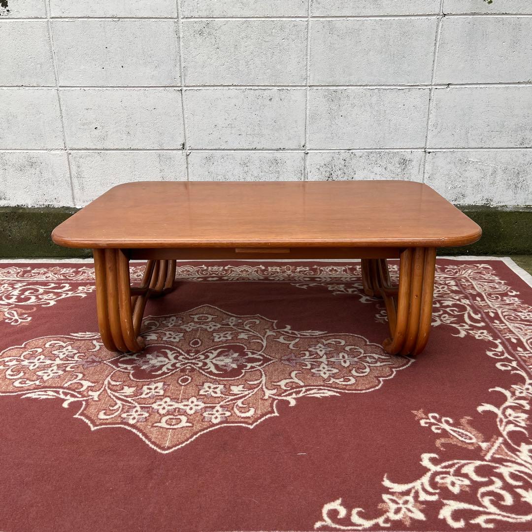 古家具ビンテージ品◾️サカベ 籐ラタン脚×木製天板 ローテーブル センターテーブル