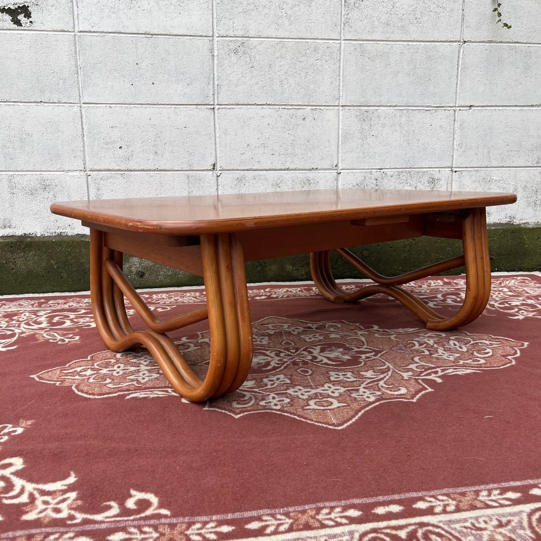 古家具ビンテージ品◾️サカベ 籐ラタン脚×木製天板 ローテーブル センターテーブル