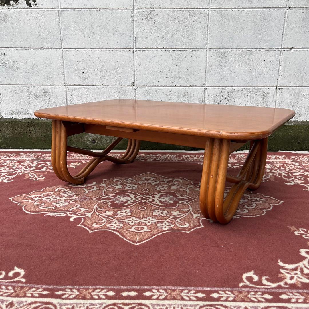 古家具ビンテージ品◾️サカベ 籐ラタン脚×木製天板 ローテーブル センターテーブル