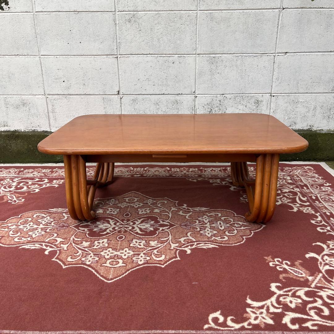 古家具ビンテージ品◾️サカベ 籐ラタン脚×木製天板 ローテーブル センターテーブル