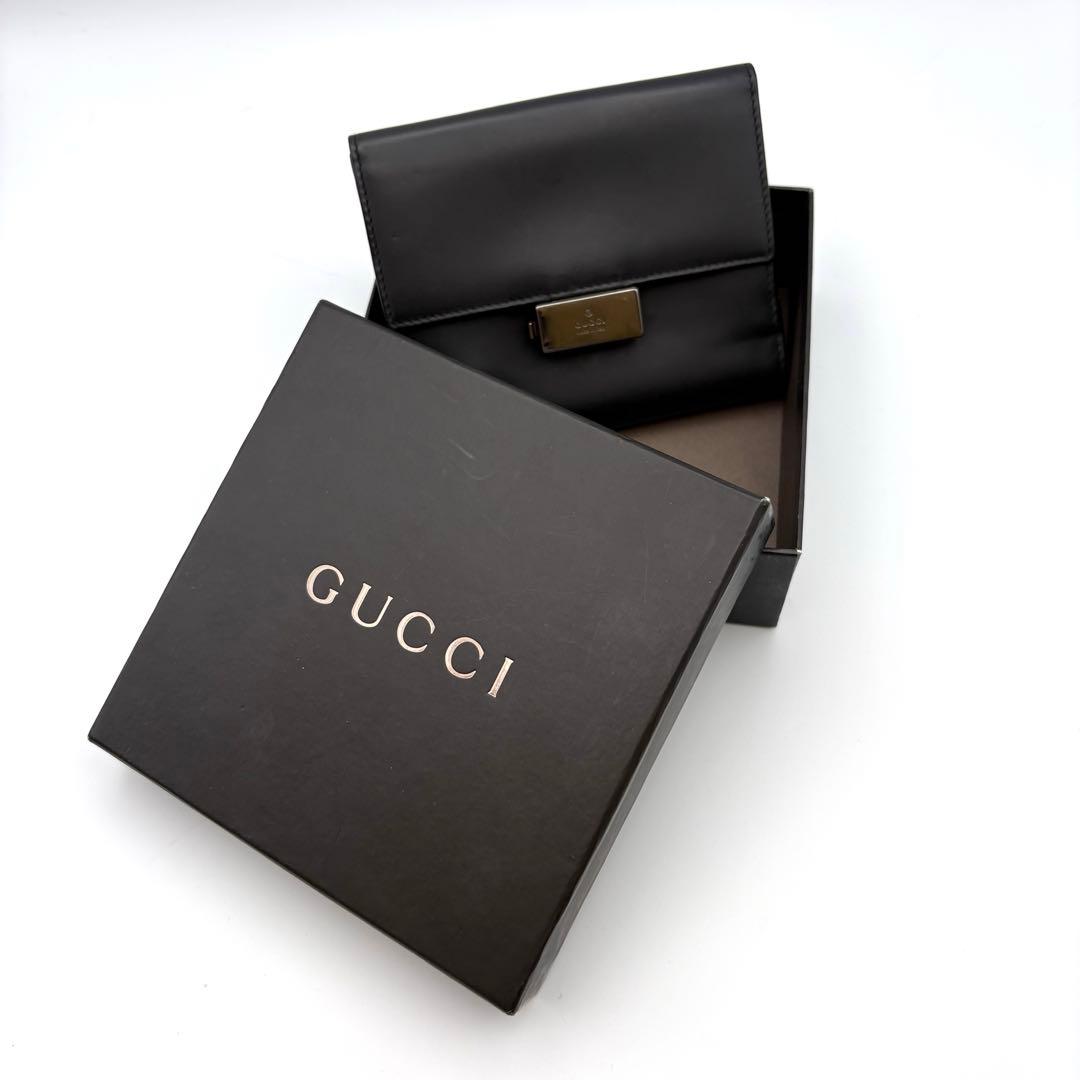GUCCI グッチ 二つ折り財布 レザー ブラック バネ式金具 箱付