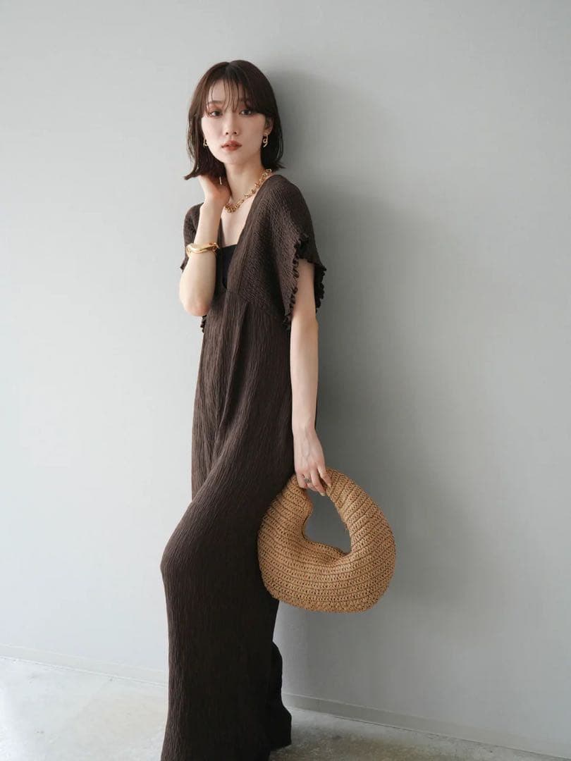 楊柳シャーリングサロペット オールインワン パンツ ブラウン Lumier