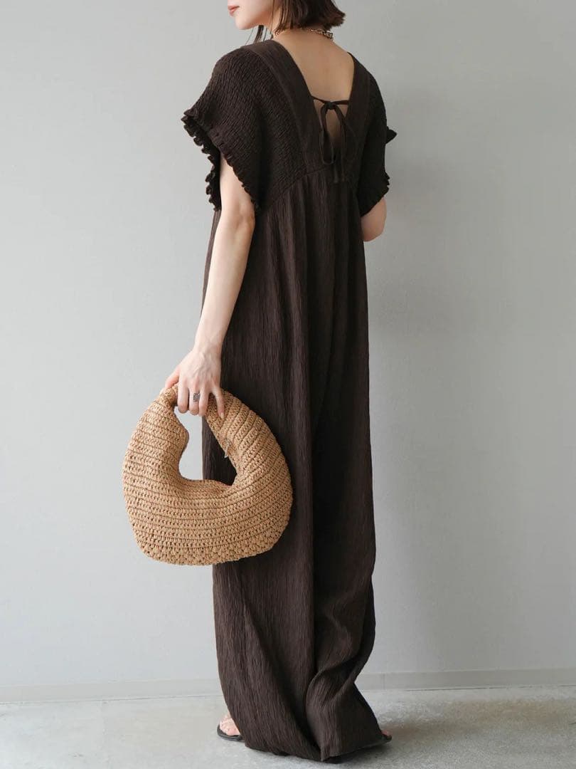 楊柳シャーリングサロペット オールインワン パンツ ブラウン Lumier