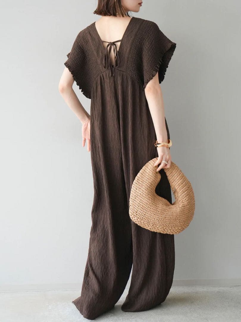 楊柳シャーリングサロペット オールインワン パンツ ブラウン Lumier