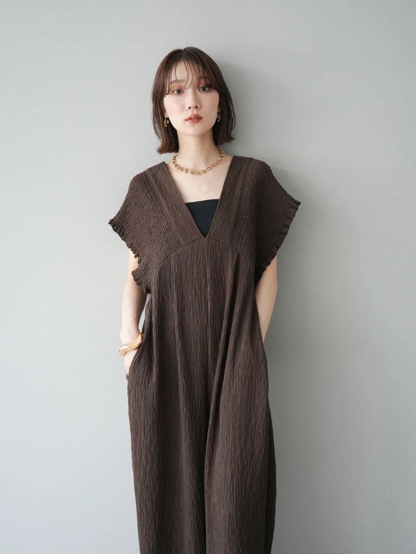 楊柳シャーリングサロペット オールインワン パンツ ブラウン Lumier