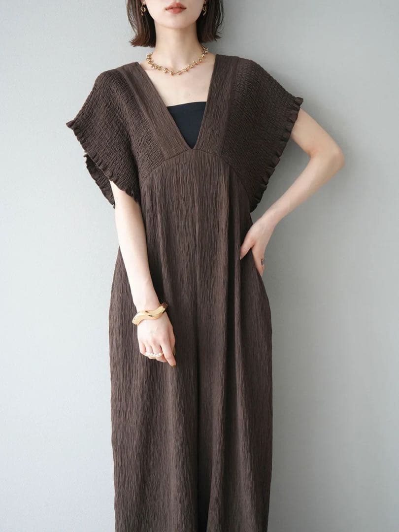 楊柳シャーリングサロペット オールインワン パンツ ブラウン Lumier