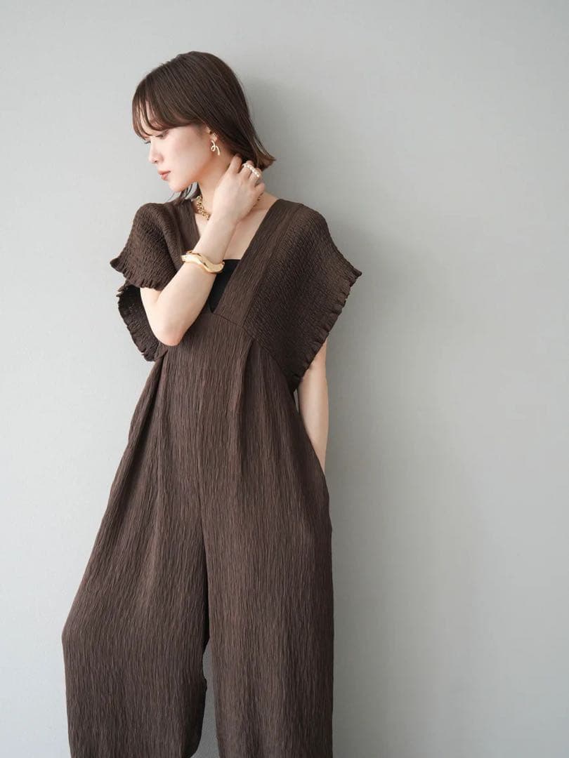 楊柳シャーリングサロペット オールインワン パンツ ブラウン Lumier
