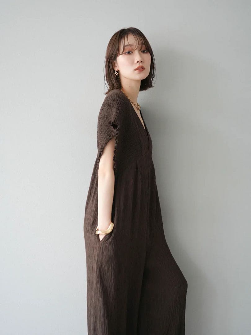 楊柳シャーリングサロペット オールインワン パンツ ブラウン Lumier