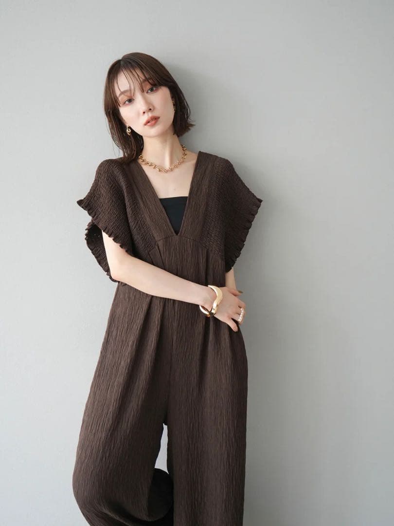 楊柳シャーリングサロペット オールインワン パンツ ブラウン Lumier