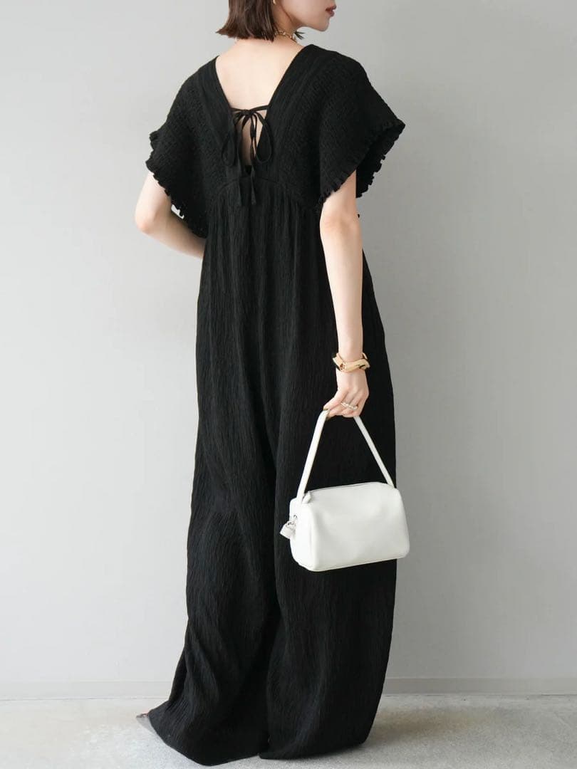 楊柳シャーリングサロペット オールインワン パンツ ブラウン Lumier