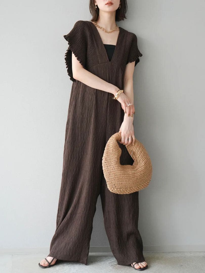 楊柳シャーリングサロペット オールインワン パンツ ブラウン Lumier