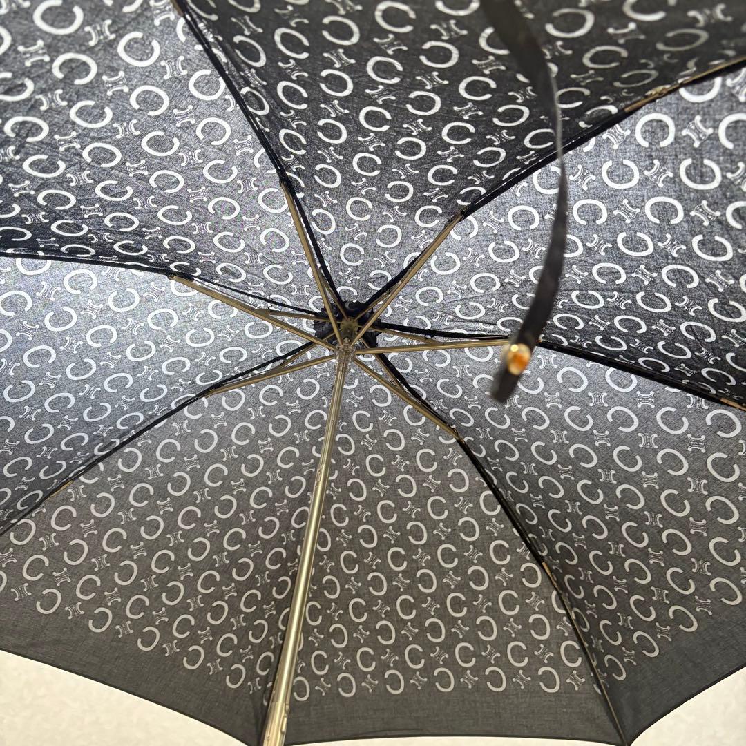 美品　CELINE セリーヌ　Cマカダム鼈甲風ハンドル　晴雨兼用UV折りたたみ傘