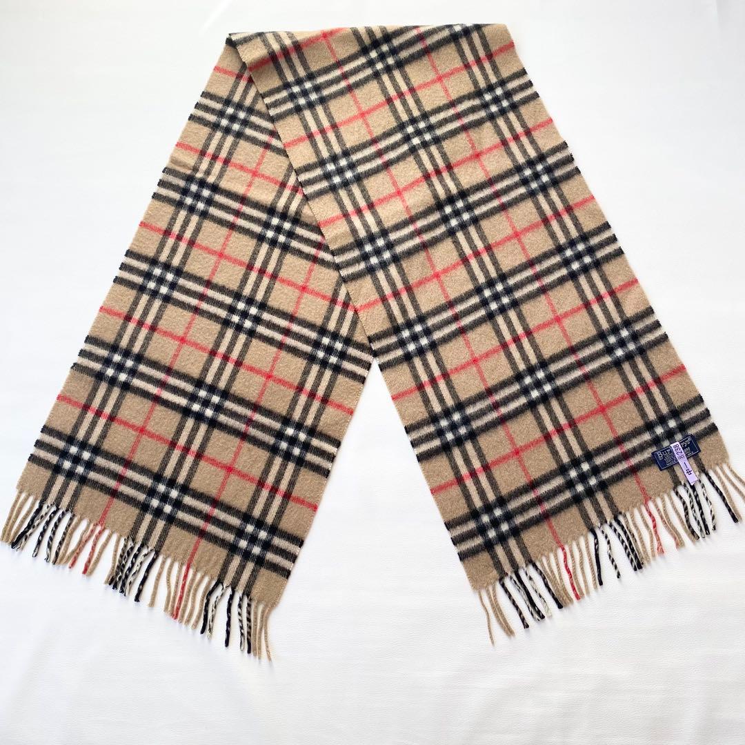 【美品】バーバリー　マフラー　ノバチェック柄　フリンジ付き　英国製　カシミヤ