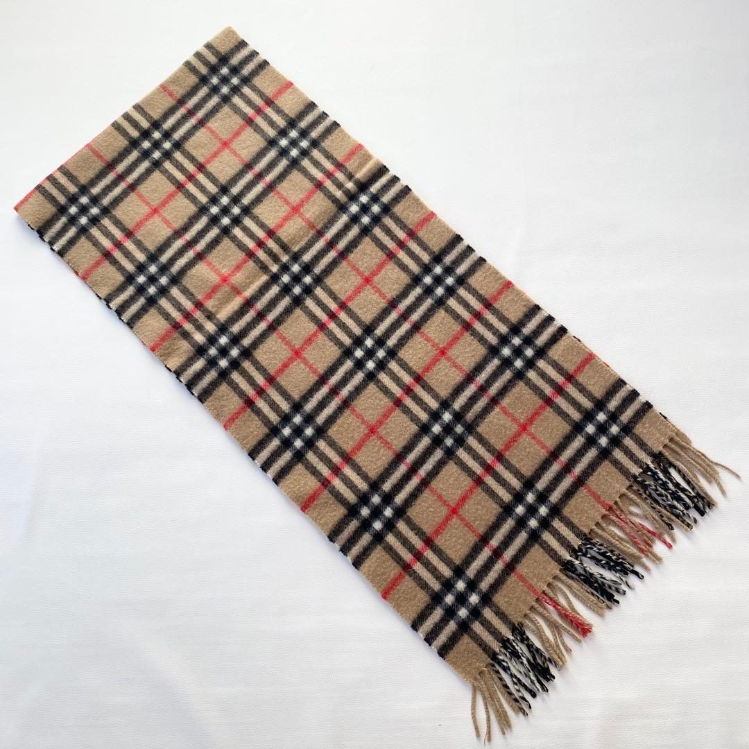 【美品】バーバリー　マフラー　ノバチェック柄　フリンジ付き　英国製　カシミヤ