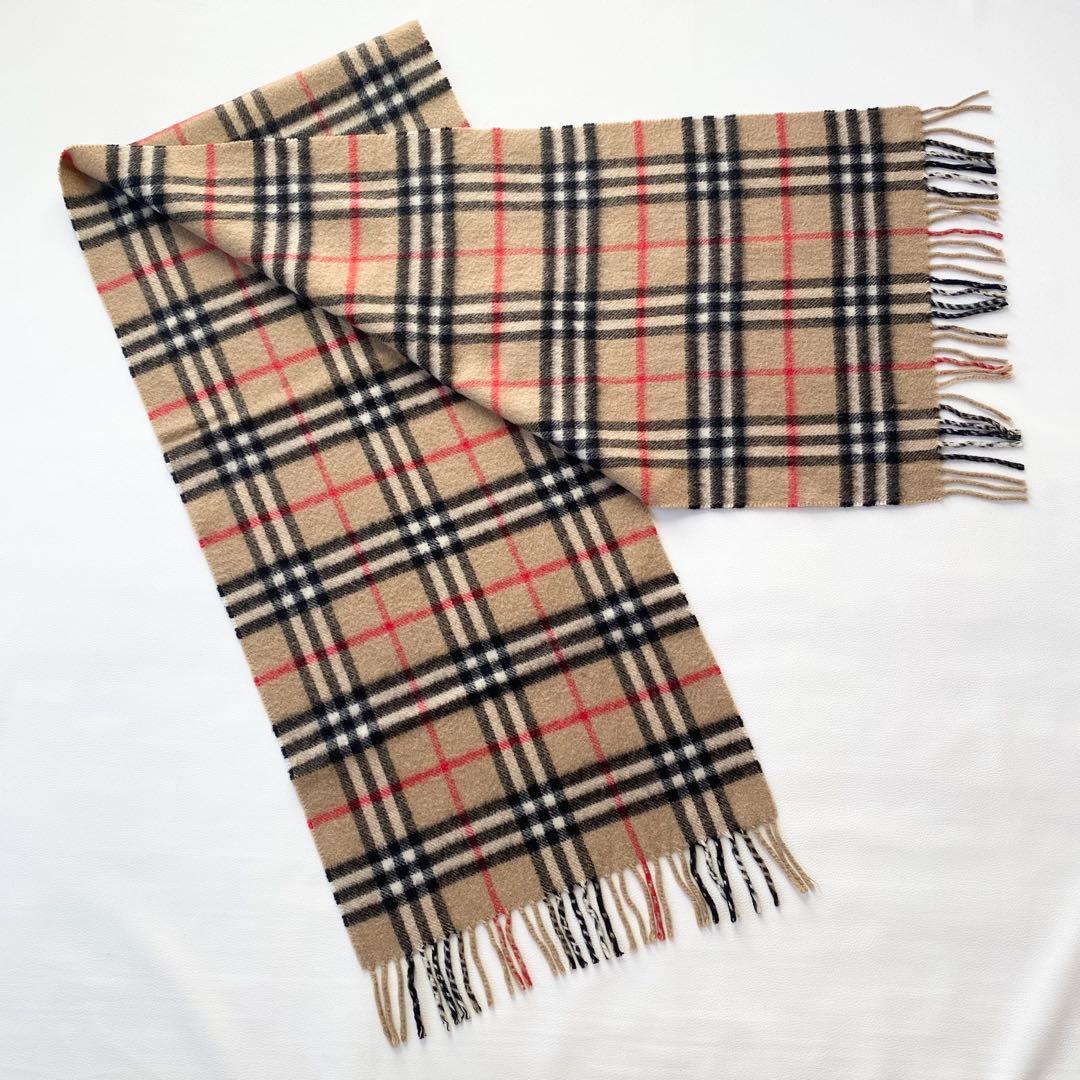 【美品】バーバリー　マフラー　ノバチェック柄　フリンジ付き　英国製　カシミヤ