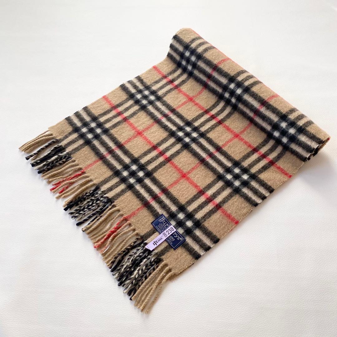 【美品】バーバリー　マフラー　ノバチェック柄　フリンジ付き　英国製　カシミヤ