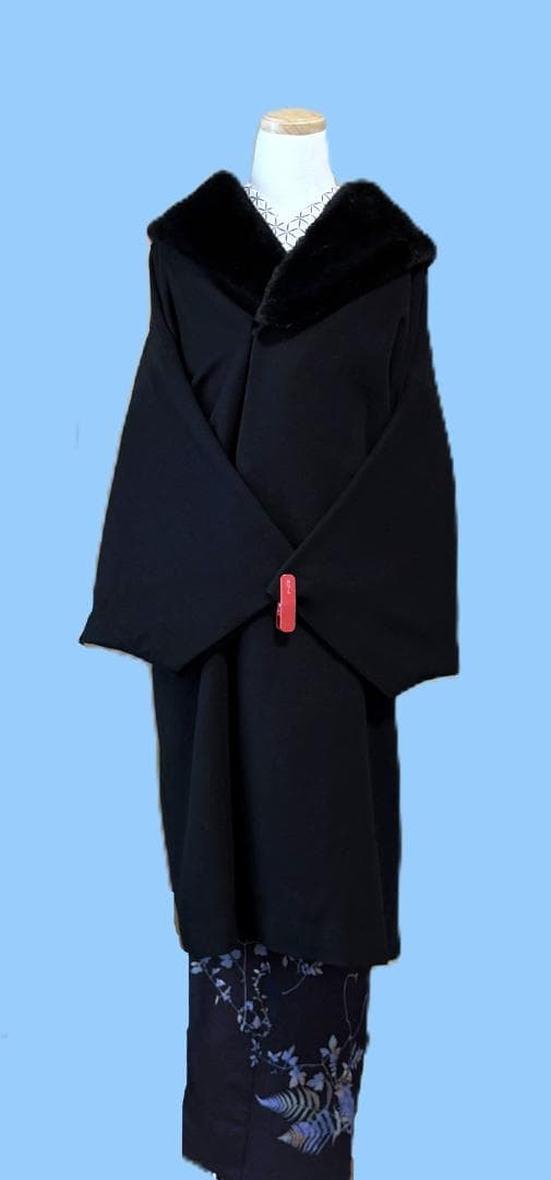 撫松庵　アンゴラ混ファー付きウール着物コート　黒　裄丈７３.５　身丈１０７
