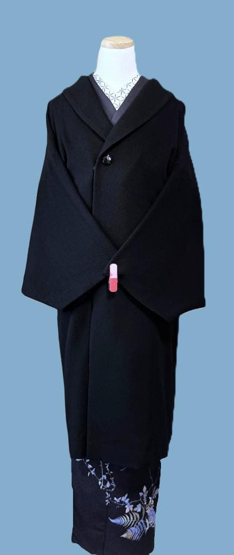 撫松庵　アンゴラ混ファー付きウール着物コート　黒　裄丈７３.５　身丈１０７