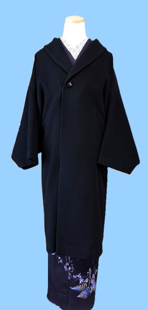 撫松庵　アンゴラ混ファー付きウール着物コート　黒　裄丈７３.５　身丈１０７