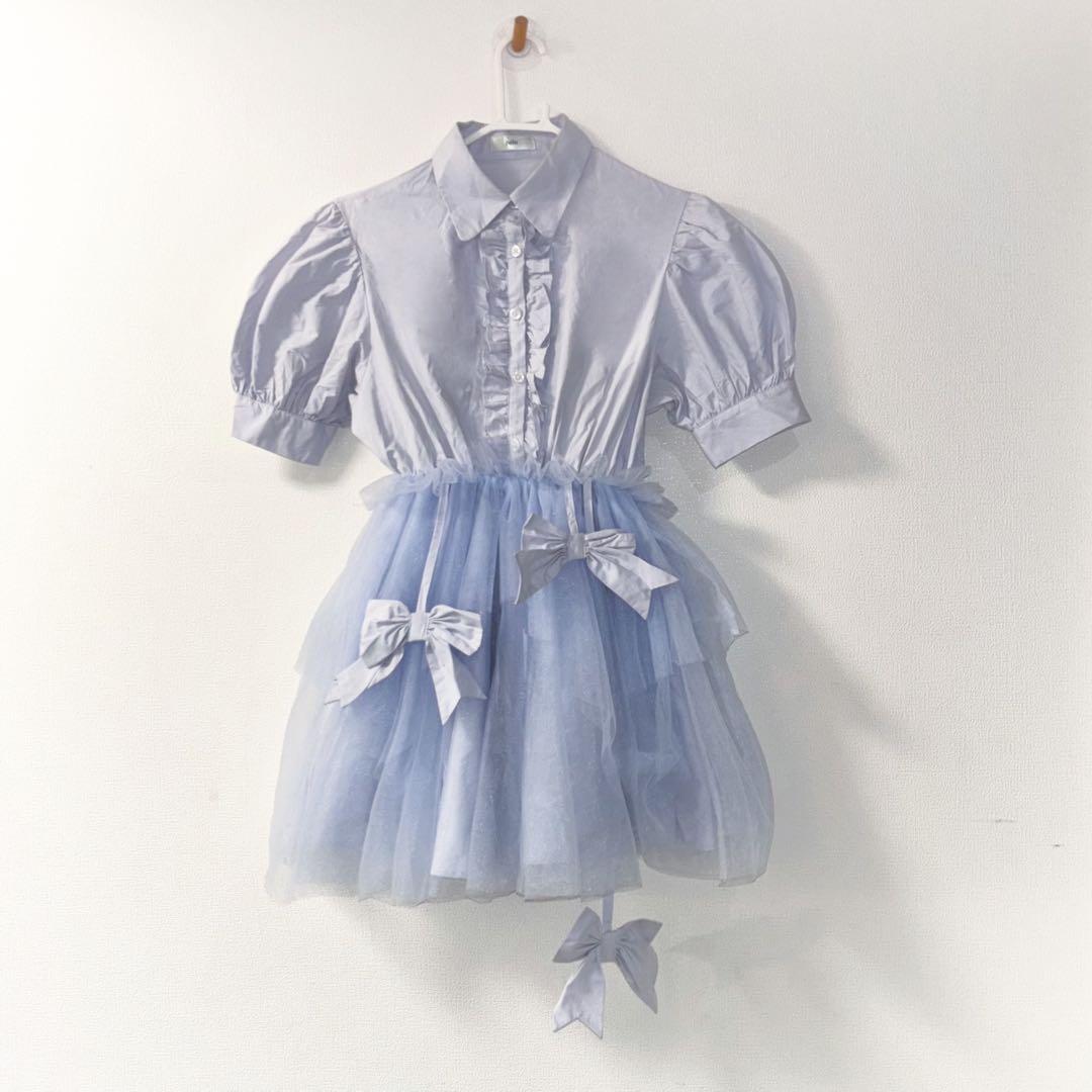 lilLilly pain 水色チュールミニワンピース パフスリーブ リボン